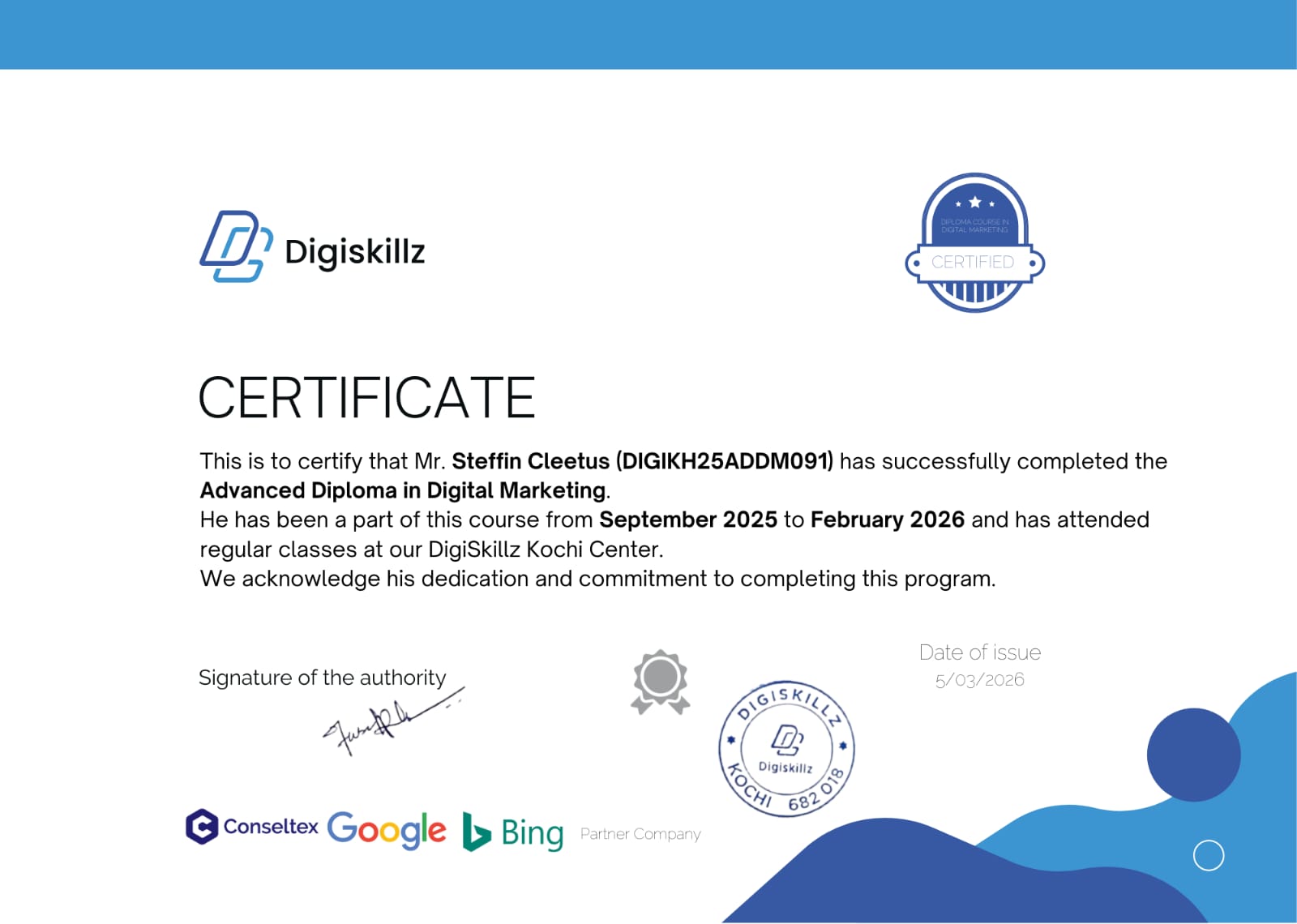 Advanced Diploma in Digital Marketing Certification - Steffin Cleetus